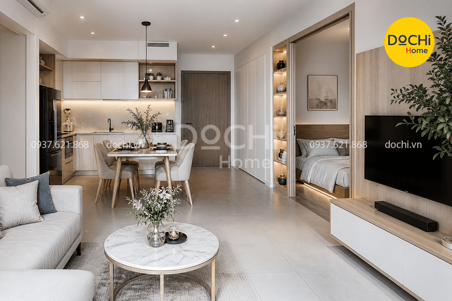Mẫu thiết kế nội thất chung cư 52m2 hiện đại, tone màu sang trọng