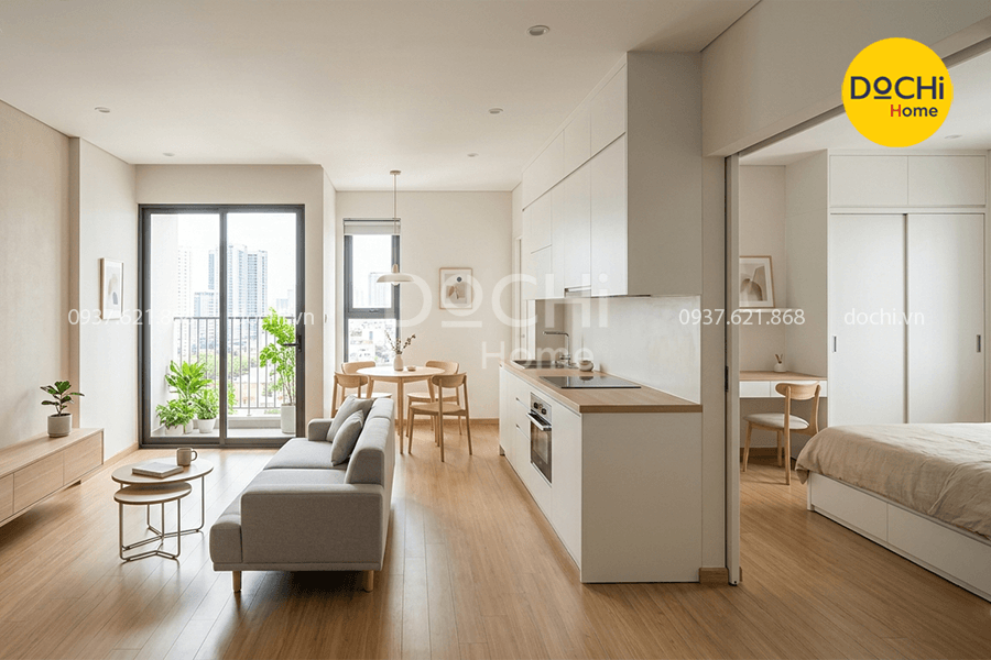 Mẫu thiết kế nội thất chung cư 52m2 tối giản nới rộng không gian