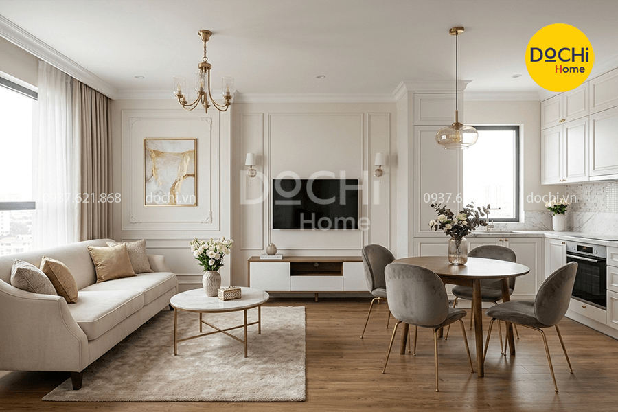 Mẫu thiết kế nội thất chung cư 52m2 đường nét cổ điển sang trọng