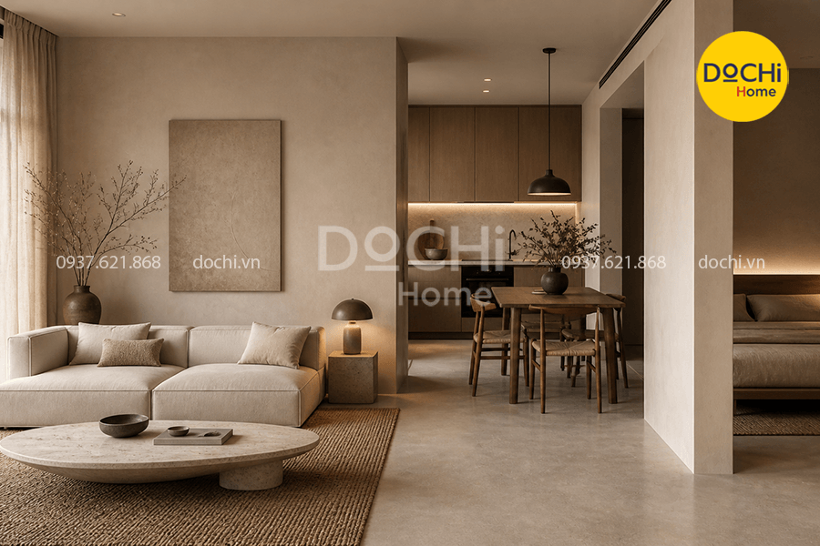 Mẫu thiết kế nội thất chung cư 52m2 phong cách Wabi Sabi