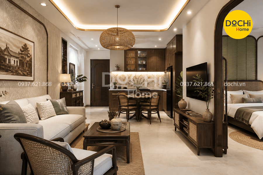 Mẫu thiết kế nội thất chung cư 52m2 phong cách Indochine
