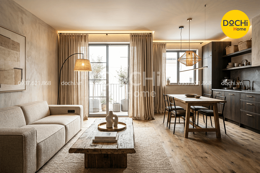 Mẫu thiết kế nội thất chung cư 120m2 phong cách Wabi Sabi