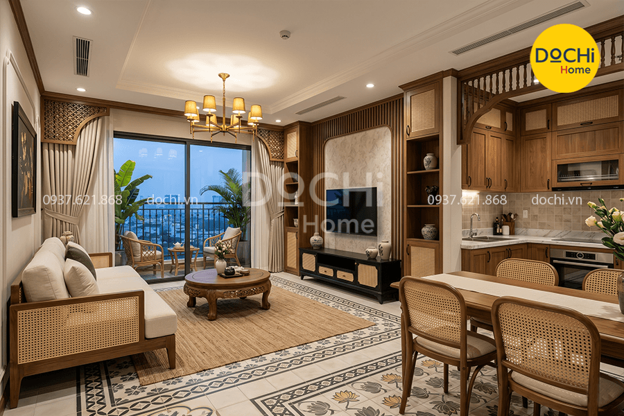 Mẫu thiết kế nội thất chung cư 120m2 phong cách Indochine