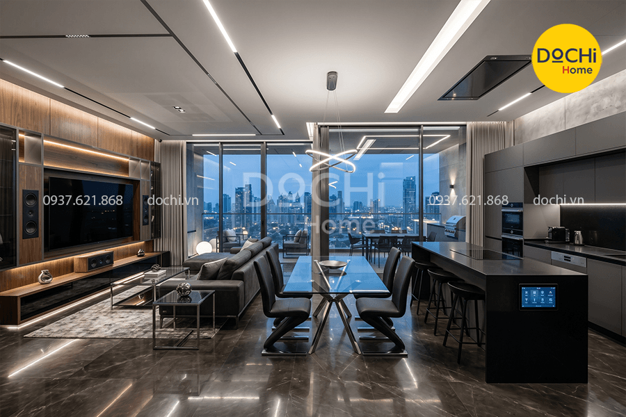 Mẫu thiết kế nội thất chung cư 150m2 phong cách công nghệ cao