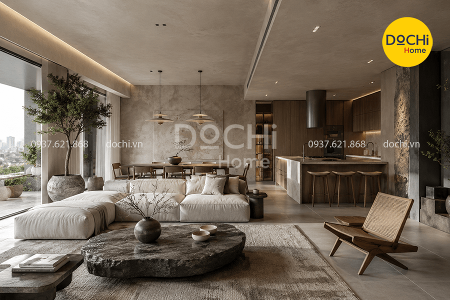 Mẫu thiết kế nội thất chung cư 150m2 phong cách Wabi Sabi