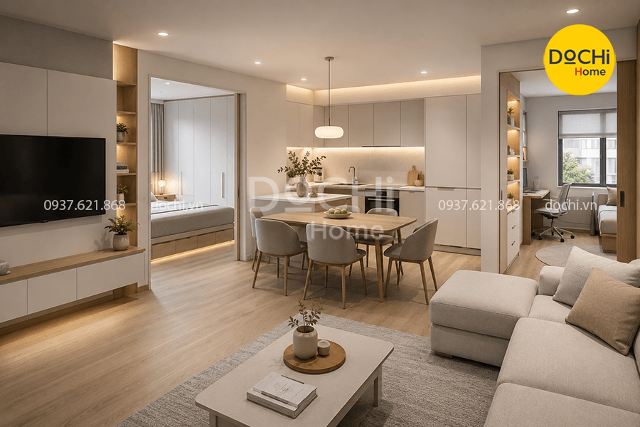 Mẫu thiết kế nội thất căn hộ 58m2 hiện đại