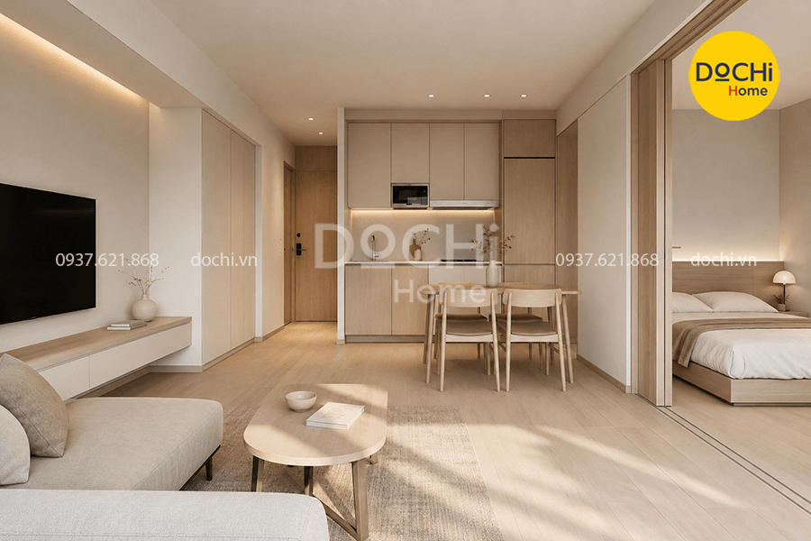 Mẫu thiết kế nội thất căn hộ 58m2 tối giản