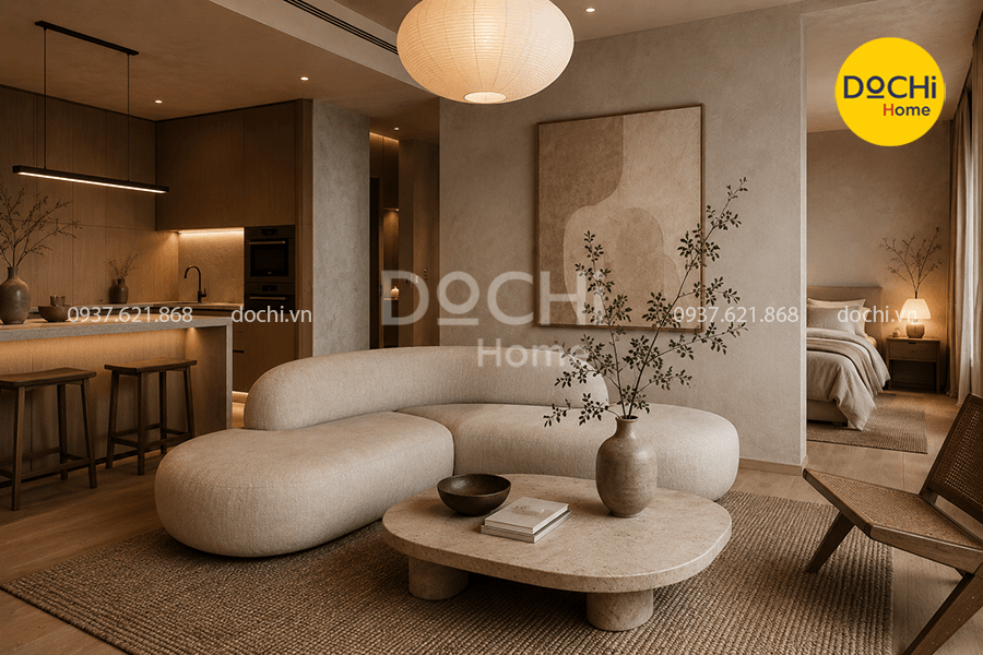 Mẫu thiết kế nội thất căn hộ 58m2 phong cách Wabi Sabi