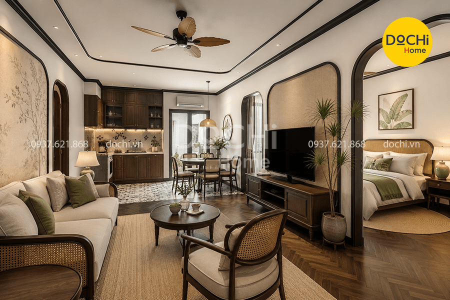 Mẫu thiết kế nội thất căn hộ 58m2 phong cách Indochine