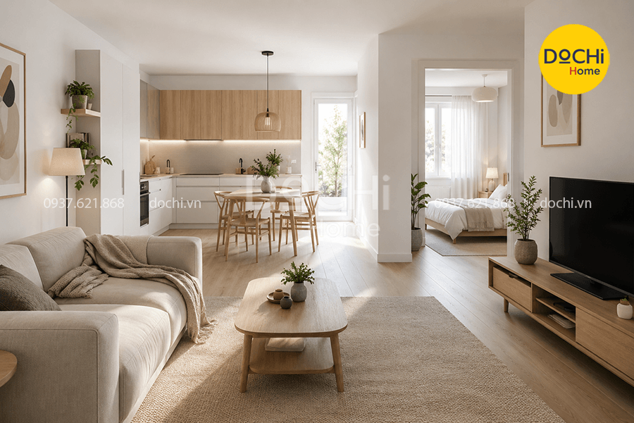 Mẫu thiết kế nội thất căn hộ 58m2 phong cách Scandinavian