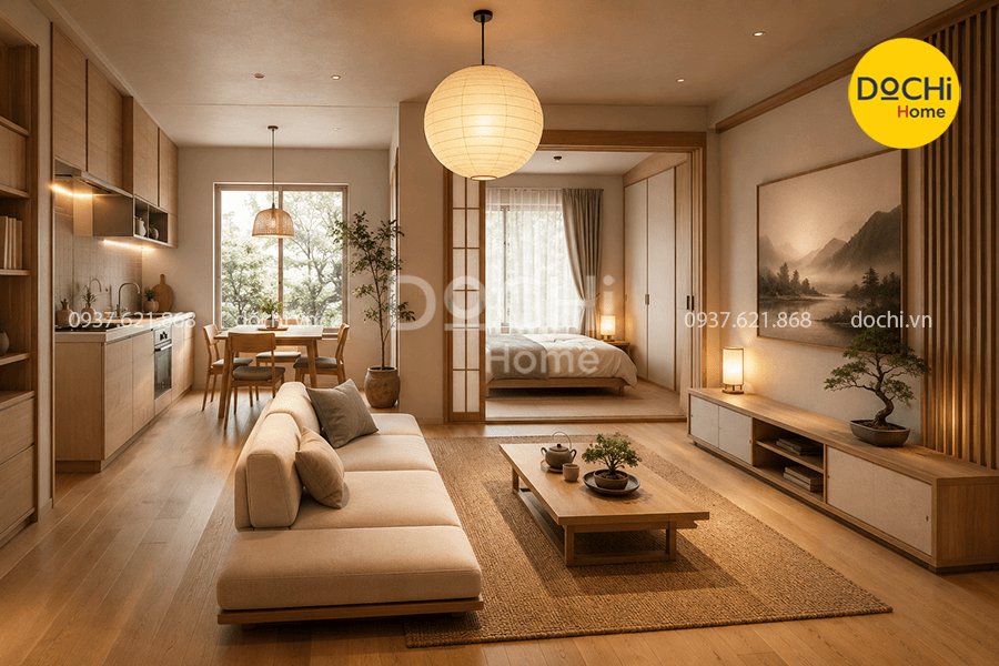 Mẫu thiết kế nội thất căn hộ 58m2 phong cách Nhật Bản