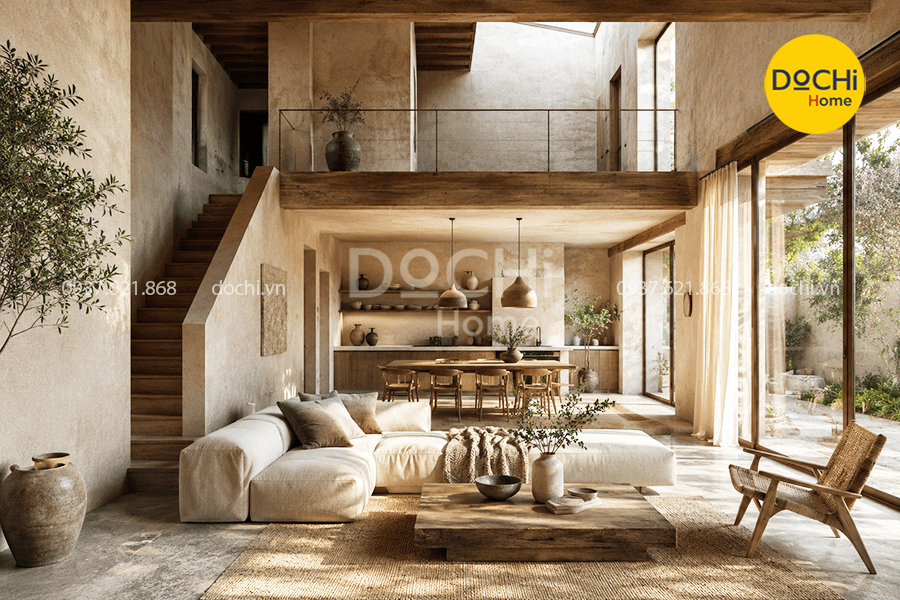 Mẫu thiết kế nội thất nhà phố 2 tầng phong cách Wabi Sabi