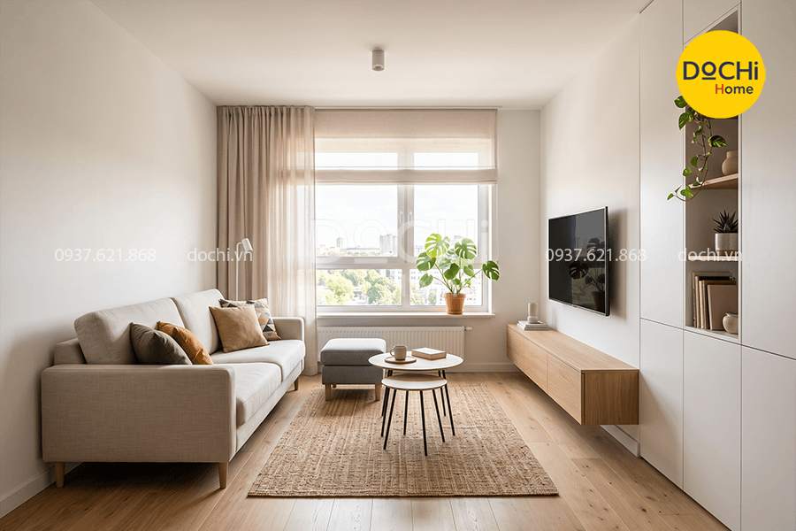 Thiết kế nội thất phòng khách cho căn hộ 59m2