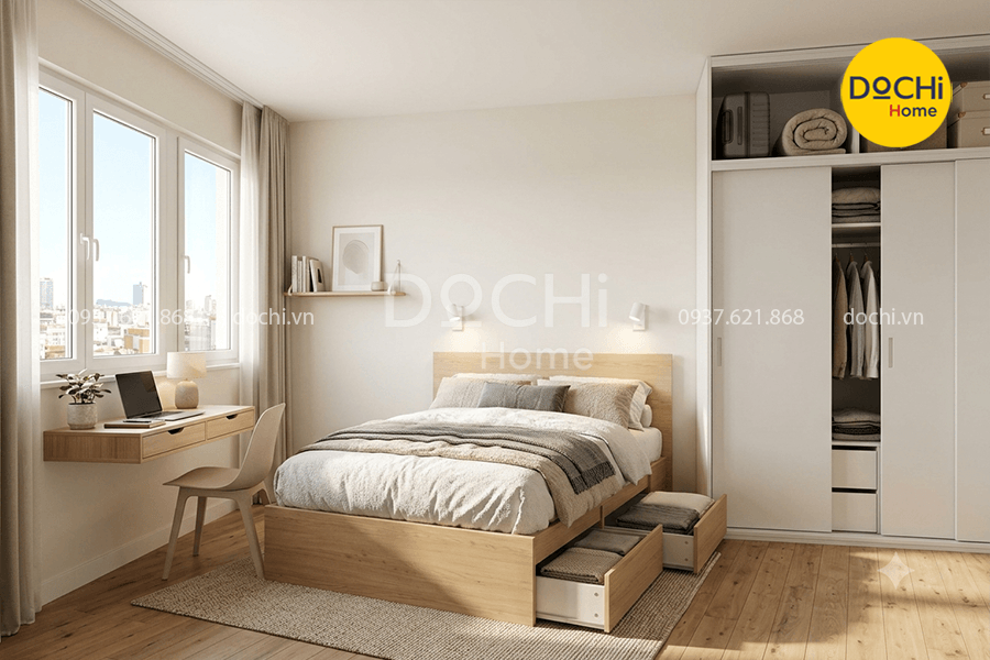 Bố trí nội thất thông minh cho phòng ngủ căn hộ 59m2