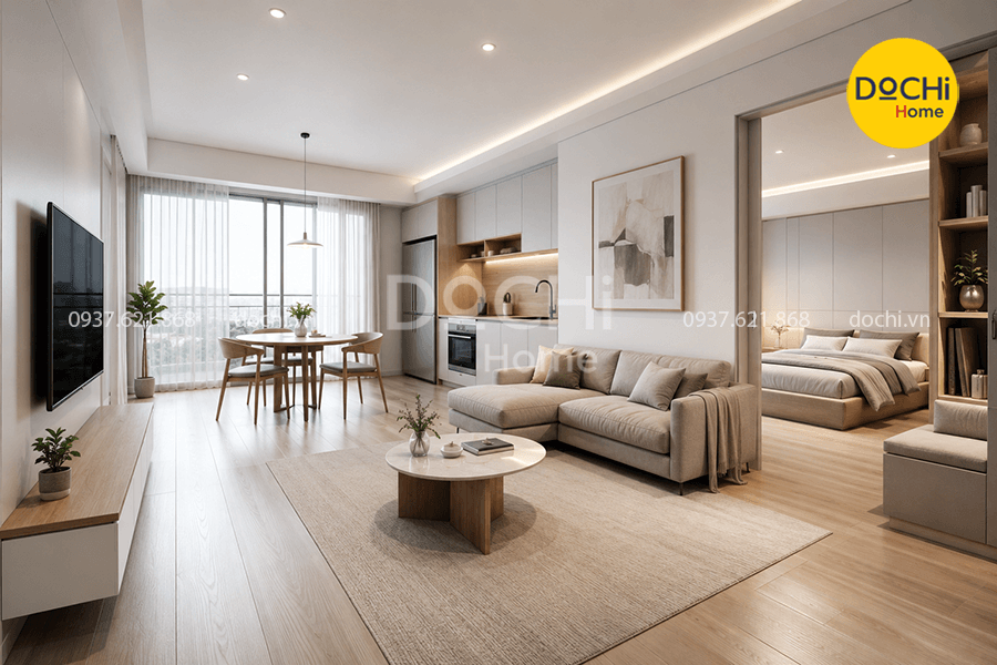 Mẫu thiết kế nội thất căn hộ 59m2 đẹp hiện đại