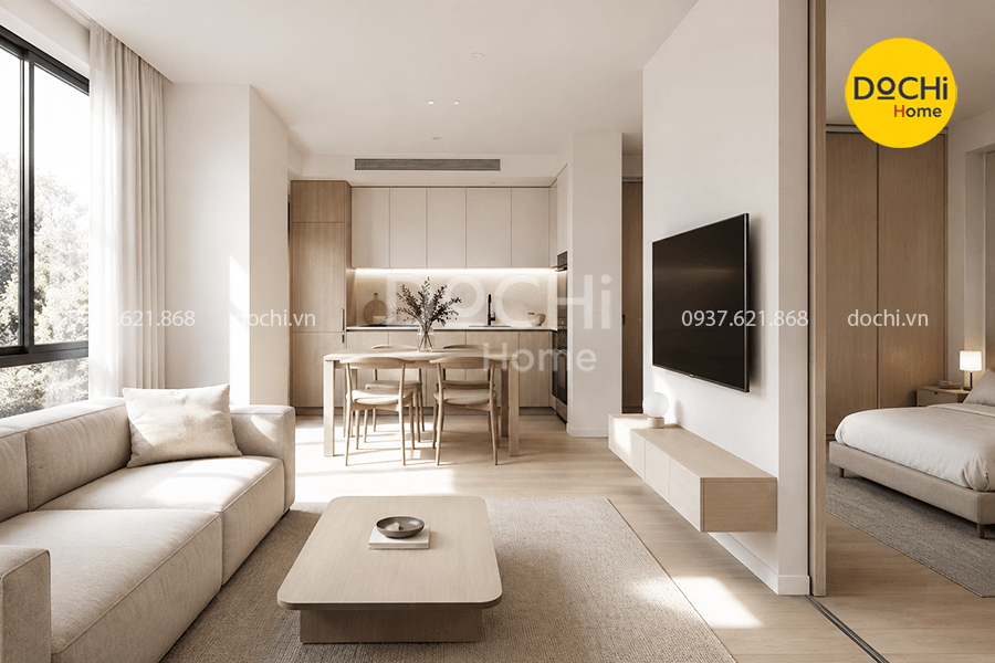 Mẫu thiết kế nội thất căn hộ 59m2 phong cách tối giản