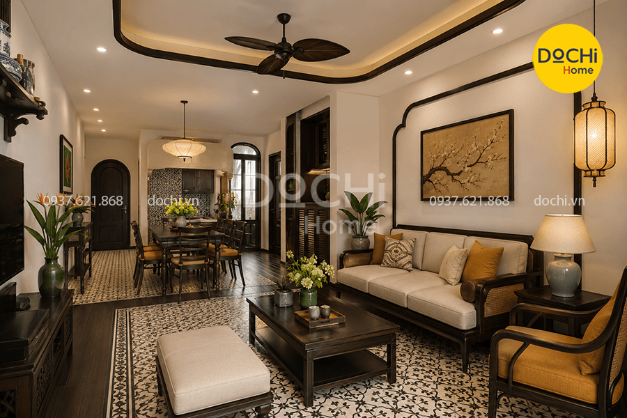Mẫu thiết kế nội thất căn hộ 59m2 phong cách Indochine