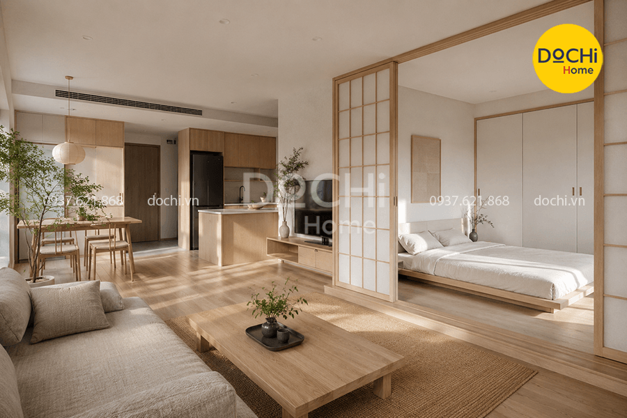 Mẫu thiết kế nội thất căn hộ 59m2 phong cách Nhật Bản