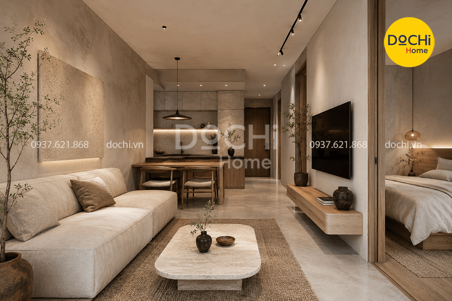 Mẫu thiết kế nội thất căn hộ 59m2 phong cách Wabi Sabi